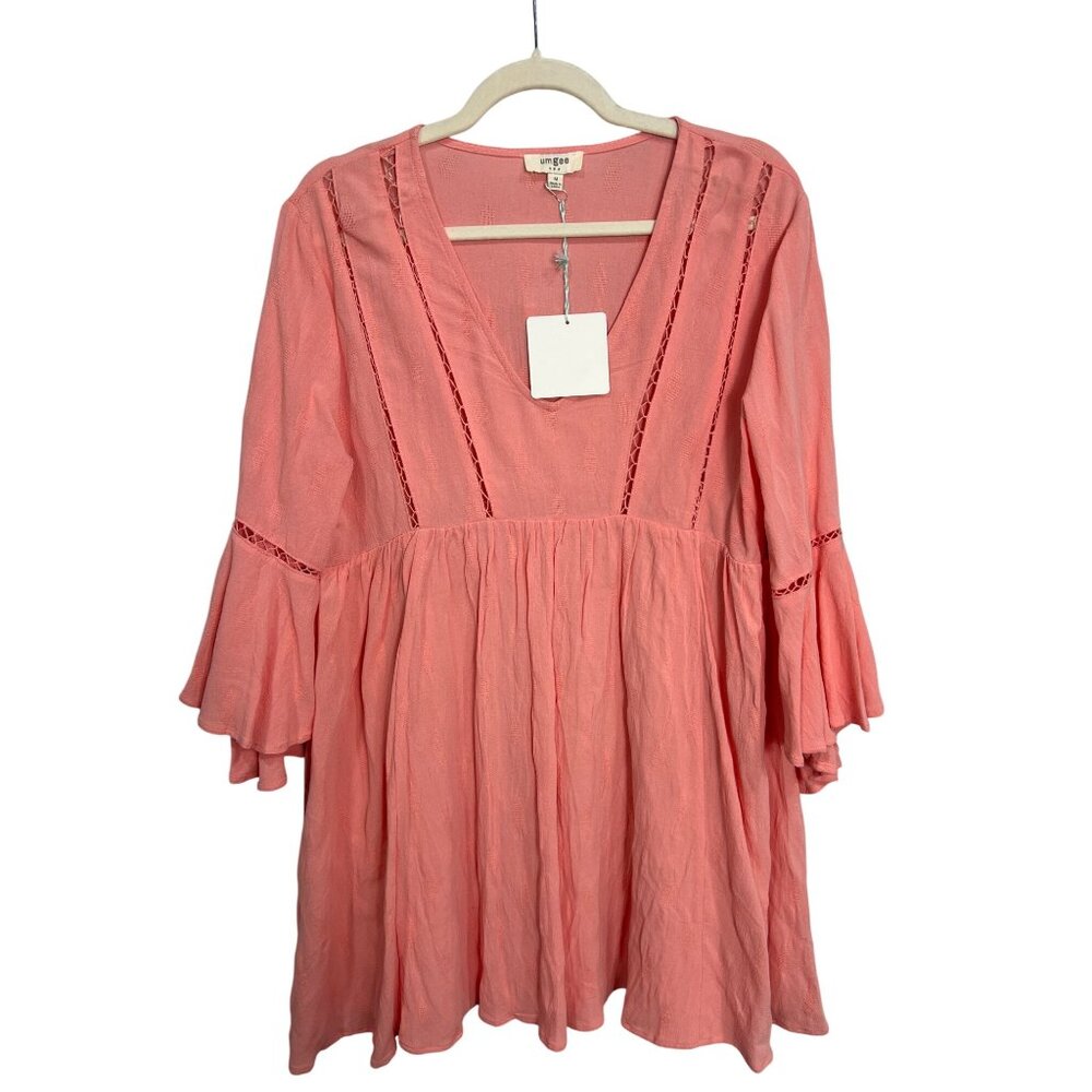 Umgee USA V Neck Bell Sleeve Babydoll Mini Dress Women M Lace Inset Feminine NEW
